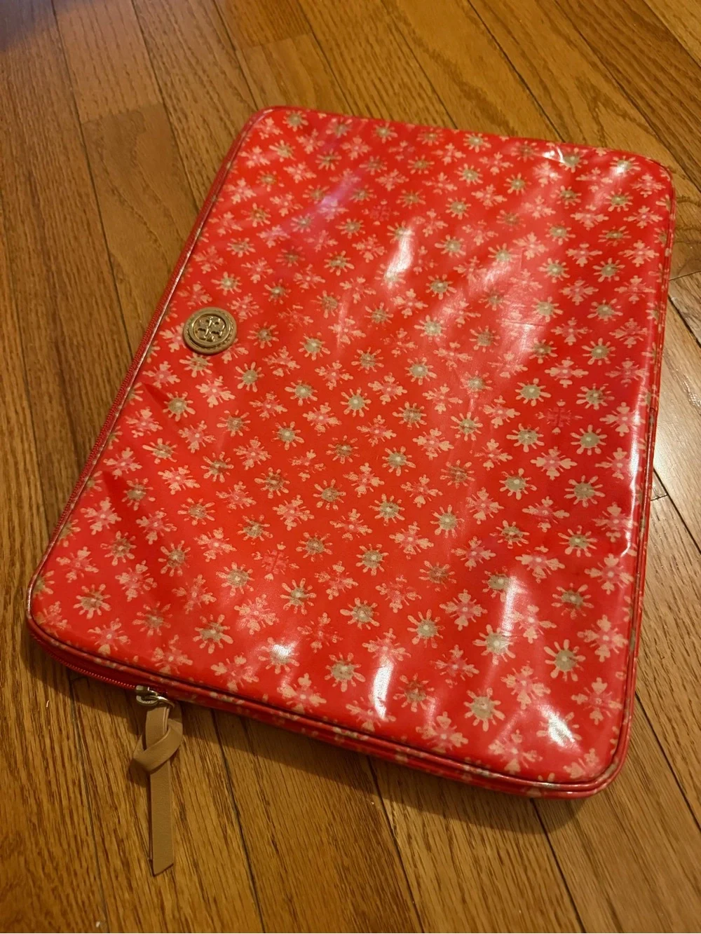 Tory Burch Red Printed Coated Canvas Zip Tablet Laptop Sleeve Pouch